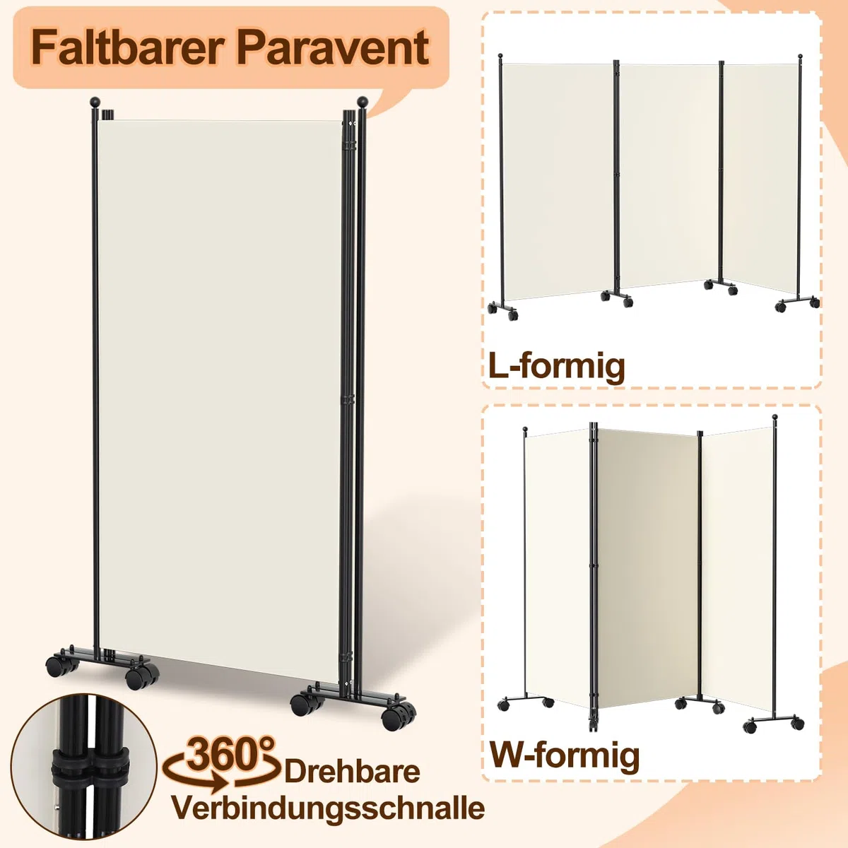 Biombo biombo con ruedas, divisor plegable de 3 piezas, 263 x 181 x 30 cm, para dormitorio, protección visual de fibra de poliéster, fácil instalación (beige)