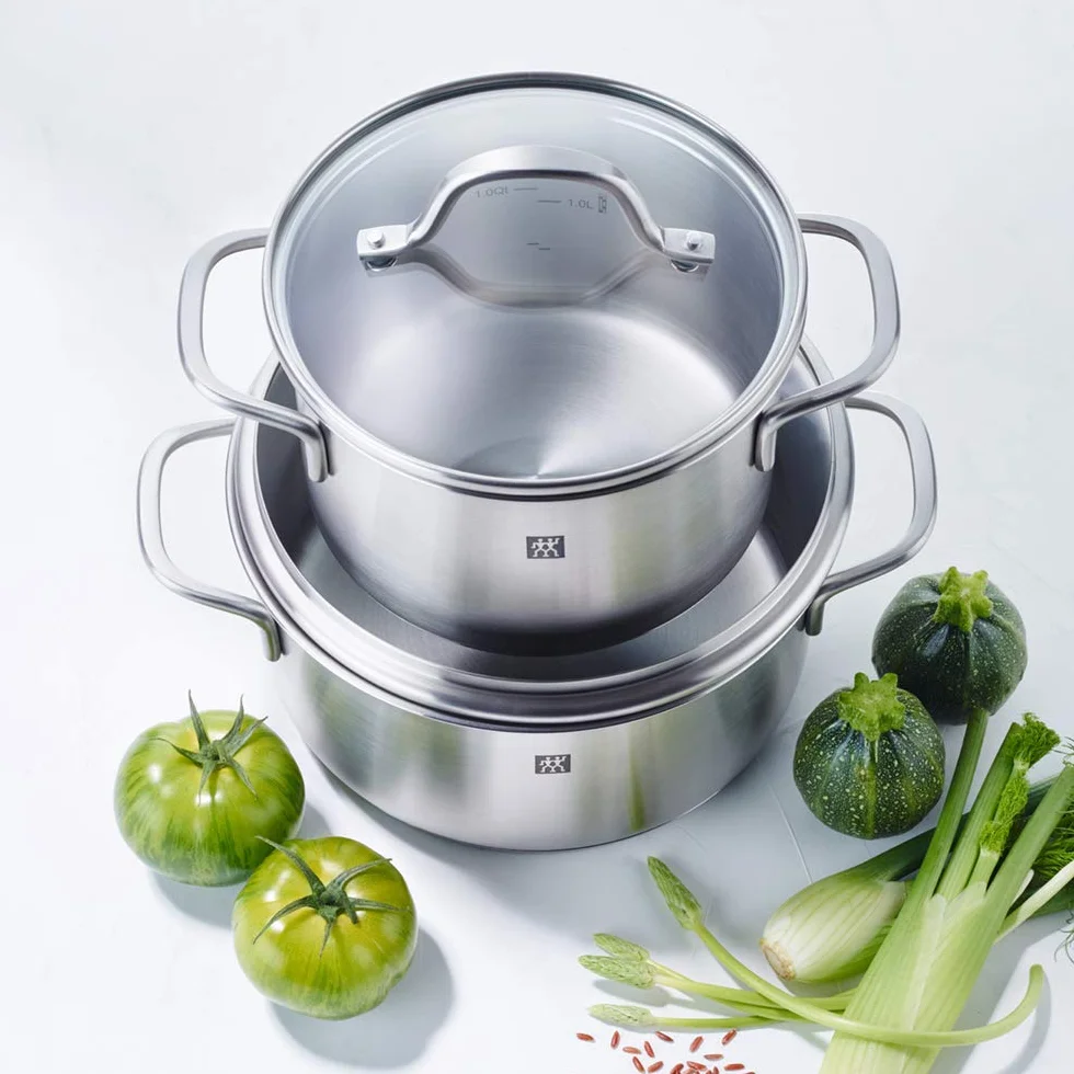 ZWILLING Flow batería de cocina, 5 piezas con tapa de vidrio, apta para inducción, sin revestimiento, acero inoxidable, plata