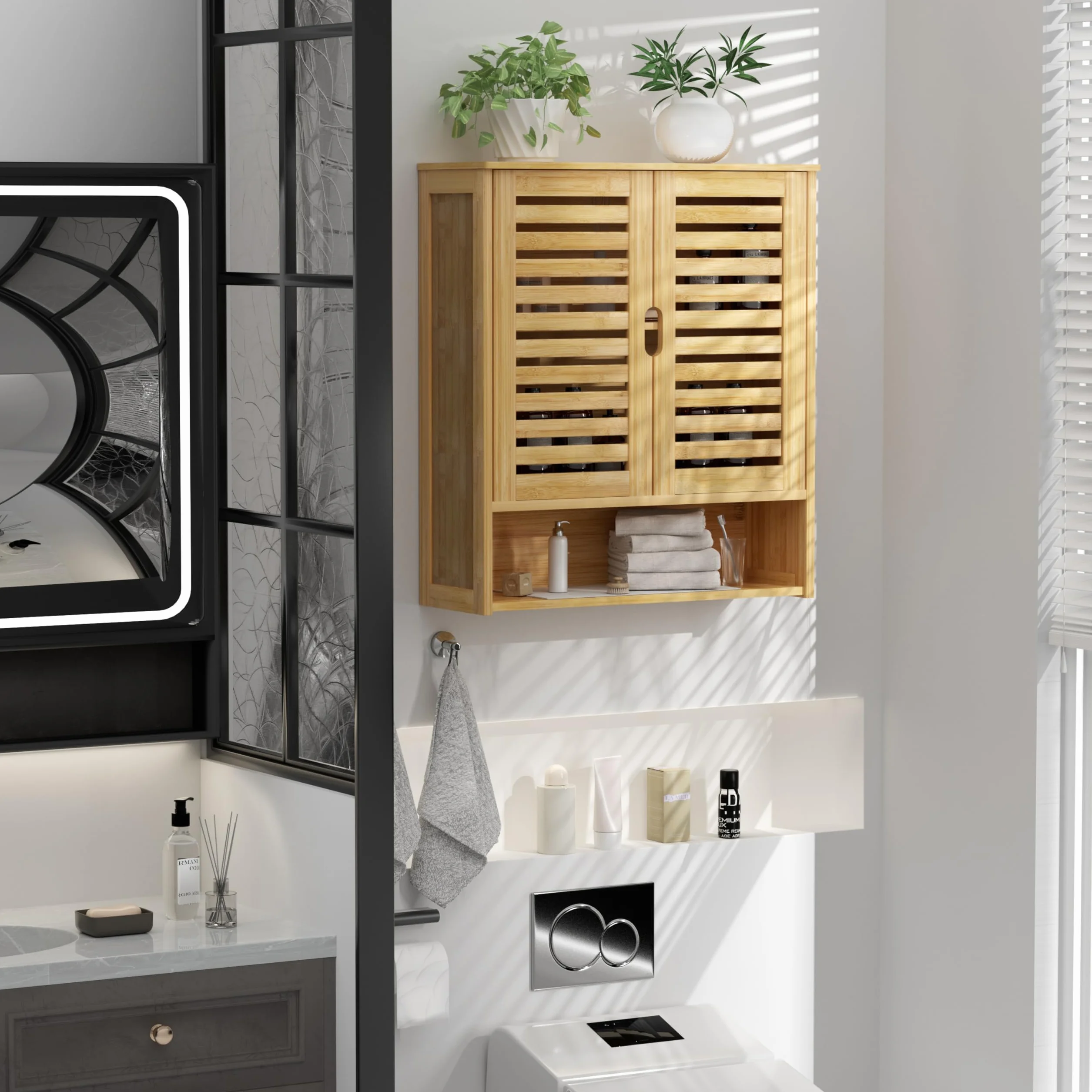 unho Armario de Baño de Bambú para Pared, Mueble Baño Colgar con Puerta con Cierre Magnético y Estante Ajustable, Organizador de Almacenamiento sobre Inodoro, 59x20.5x66.5cm, Madera Natural