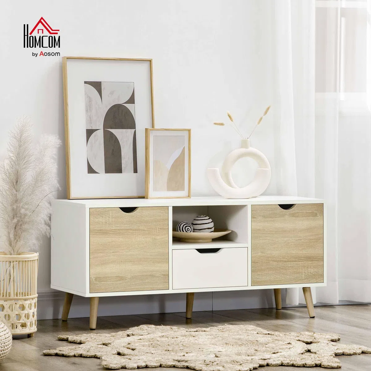 HOMCOM Mueble de TV, Mesa de TV con Cajón, 2 Puertas y Estante Abierto, Patas de Madera, para Televisores hasta 50 Pulgadas, Largo de 110 cm, para Salón, Dormitorio, Blanco y Madera Natural