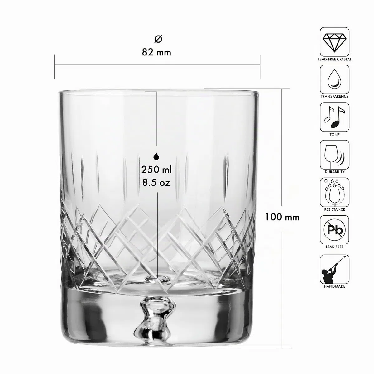 Krosno – Vasos para whisky, bourbon y escocés de 250 ml – Juego de 4 piezas – Colección Saga – Cristal tallado – Hechos a mano – Ideal como regalo