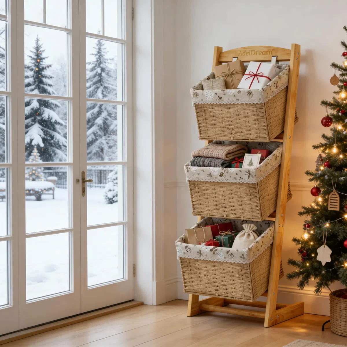 AdelDream Cesta de almacenamiento de madera maciza cesta de ratán estante de almacenamiento para el suelo sala de estar estante multifuncional estilo 2
