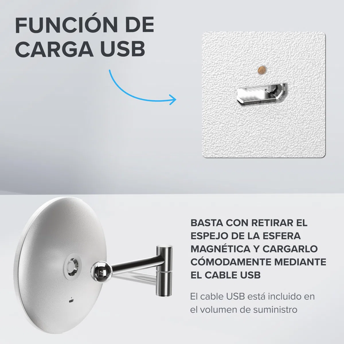 ovimar Vorupor - Espejo de maquillaje (360 grados, con iluminación, recargable, montaje en pared para taladrar, para baño, 5 aumentos, con luz)