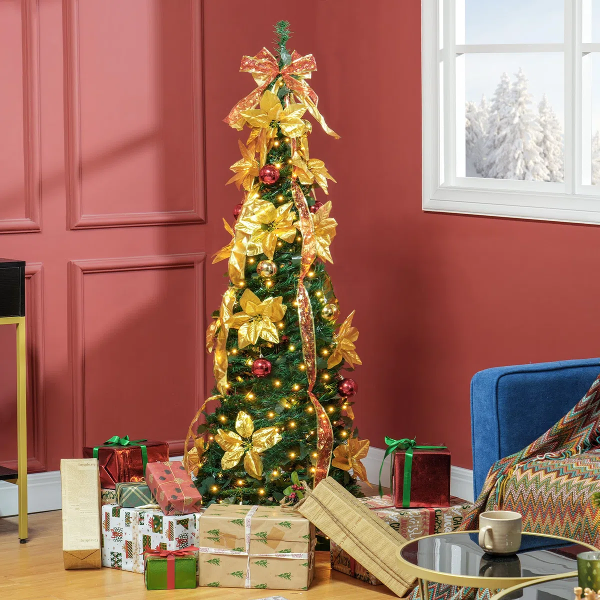 HOMCOM Árbol de Navidad 180 cm con Luces LED Artificial Plegable con Adornos Pre-instalados Árbol Navideño para Interior Verde