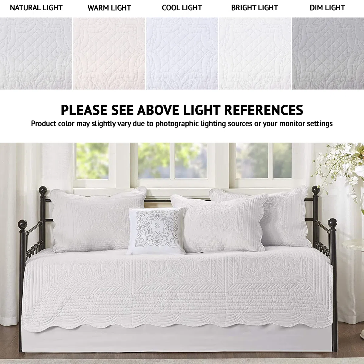 Madison Park Daybed Cover Set Damask Quilted Cover for Daybeds, All Season, Pre-washed Cotton-Filled Coastal Bedding with Scallop Edge, Shams, Bedskirt, Décor Pillows, Tuscany, White, 39"x75", 6 Piece