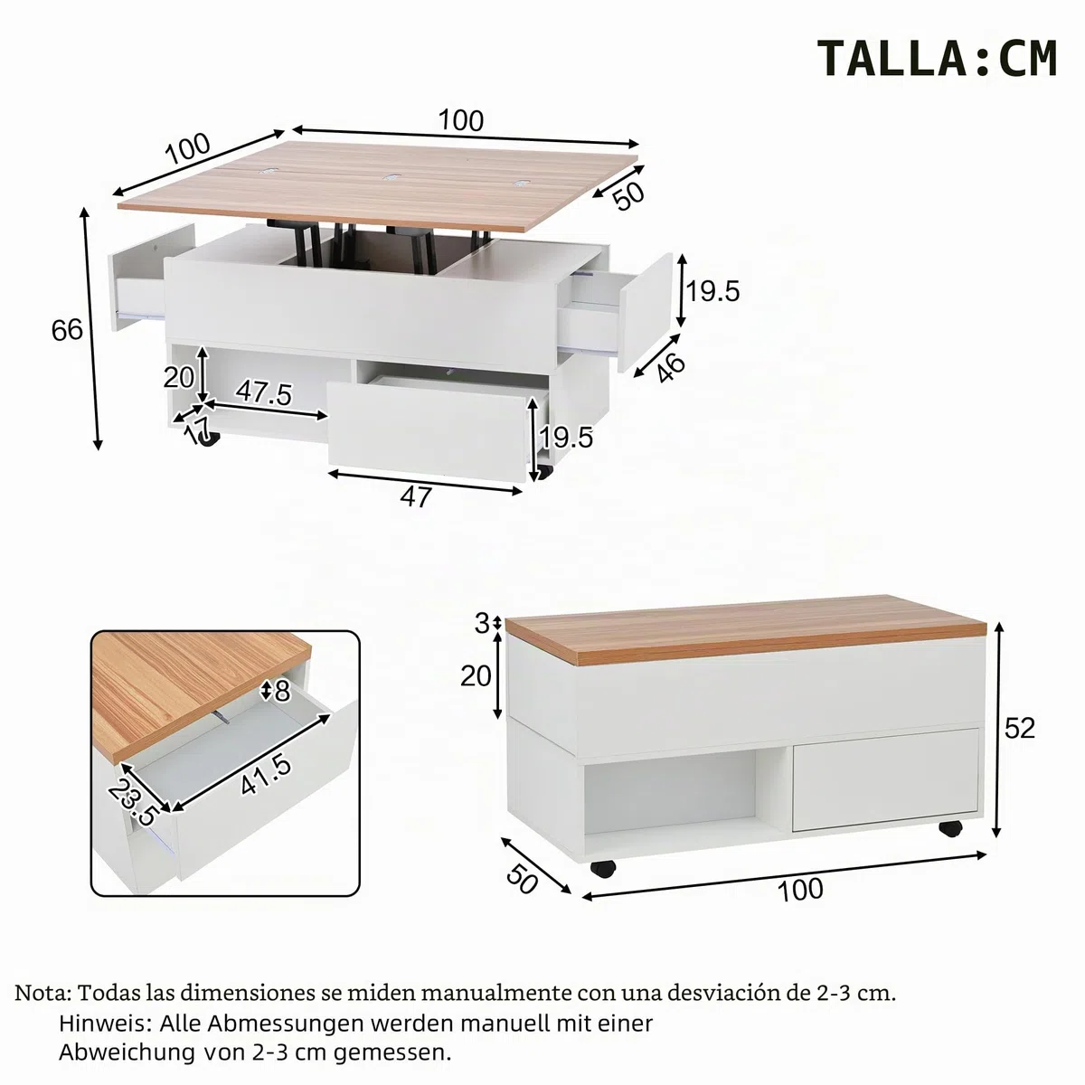 Mesa de centro 100 x 50 x 52 cm con 4 ruedas, mesa de salón multifuncional con 4 cajones, mesa de café elevable, mesa de sofá, mesa auxiliar y mesa de comedor con espacio de almacenamiento, color