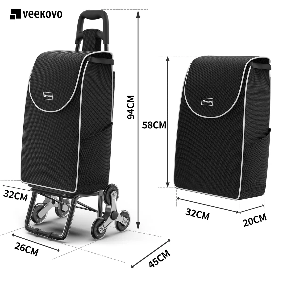 Carrito de Compras para comestibles,Carrito de comestibles Plegable Ligero con Capacidad de 56L,con 6 Ruedas para Subir Escaleras,Bolsa Oxford Desmontable (Negro, 2 Pieza)