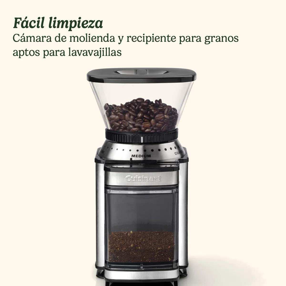 Cuisinart Molinillo de café, uso doméstico, 4-18 tazas, 8 posiciones de molido, Diferentes intensidades de infusión - espresso, cold brew, latte, cappuccino, Fresa Acero Inoxidable