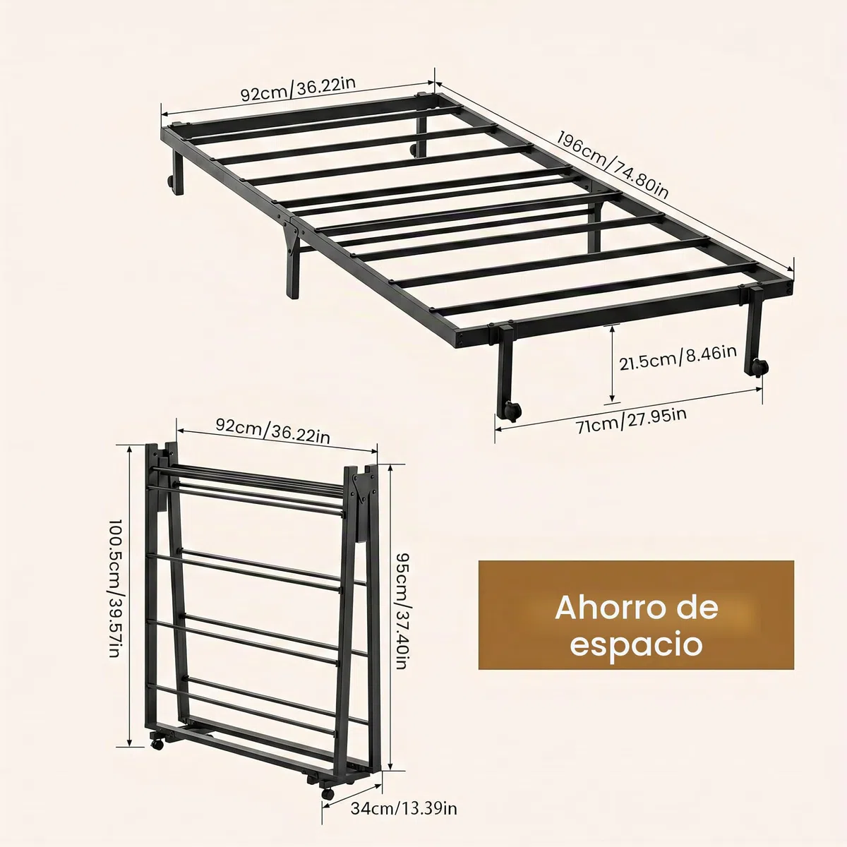 Cama Plegable para 1 Persona de Metal, Marco de Cama Individual, 90 x 190 cm, Marco de Cama Plegable con 4 Ruedas, Negro