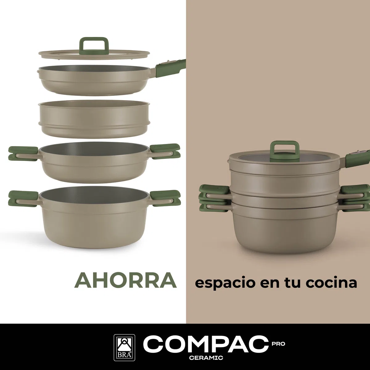 BRA Compac Pro Ceramic | Batería de cocina apilable de 5 piezas, aluminio fundido con antiadherente cerámico, compatible con todo tipo de cocinas, incluida inducción