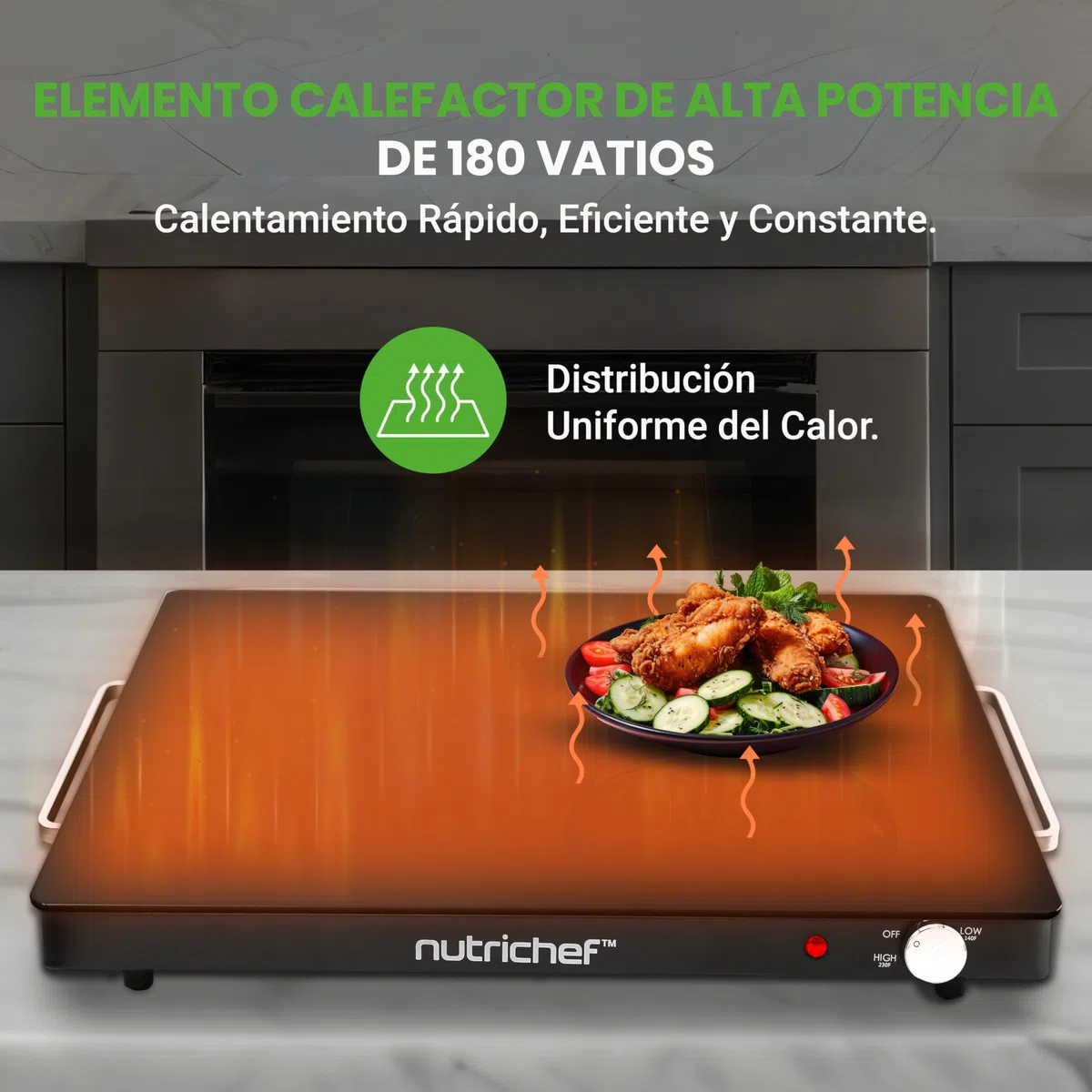 Nutrichef Bandeja Electrica, Hot Plate, de Servicio con Superficie de Vidrio, Temperatura Ajustable, Ahorro de Espacio, Ideal para Buffets, Fiestas y Mas