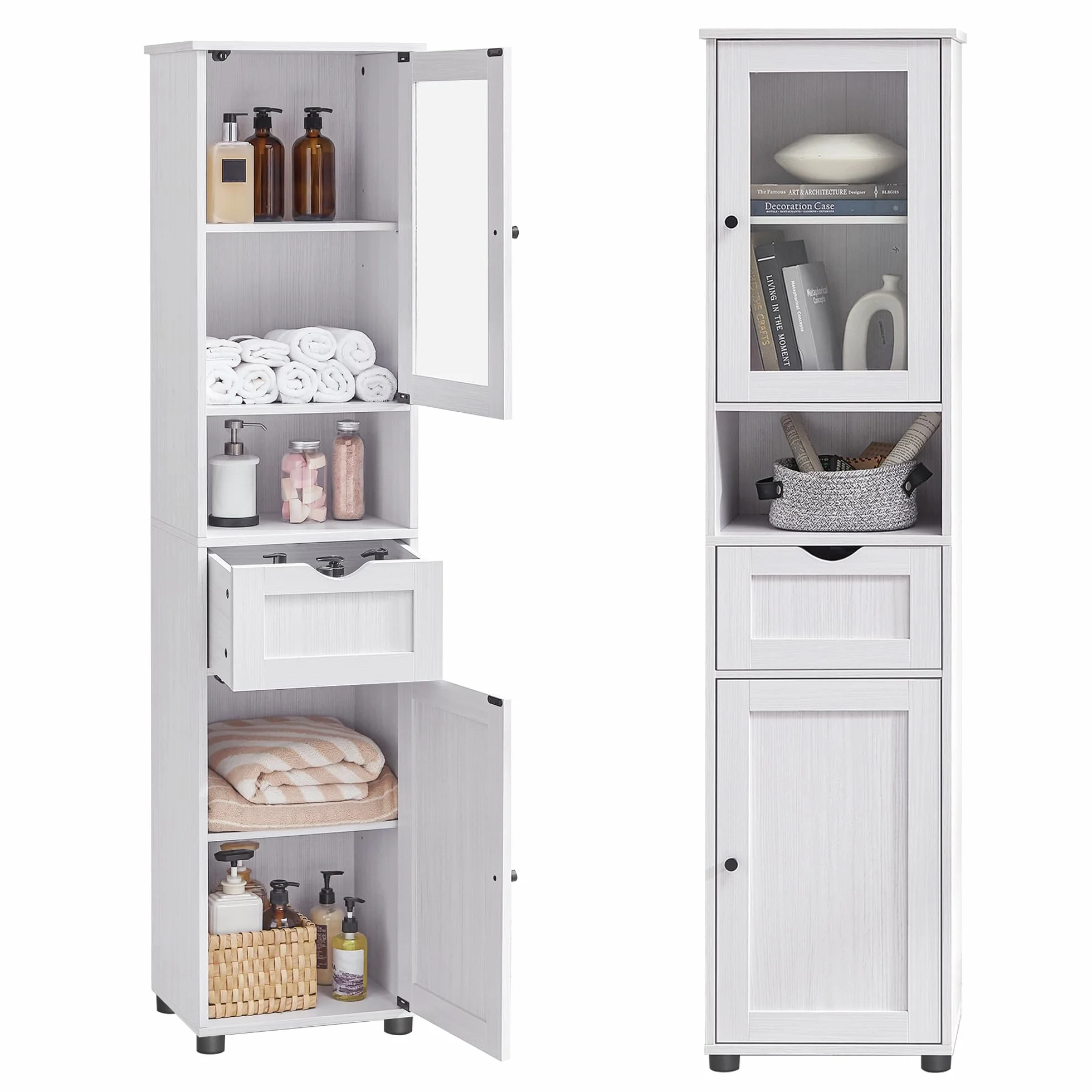 VASAGLE Mueble Baño, Armario Baño, Armario Alto, Compartimento Abierto, Puerta de Cristal, Estrecho, con Patas, Estantes Regulables en Altura, Ahorro de Espacio, Blanco Arce BBK163T44