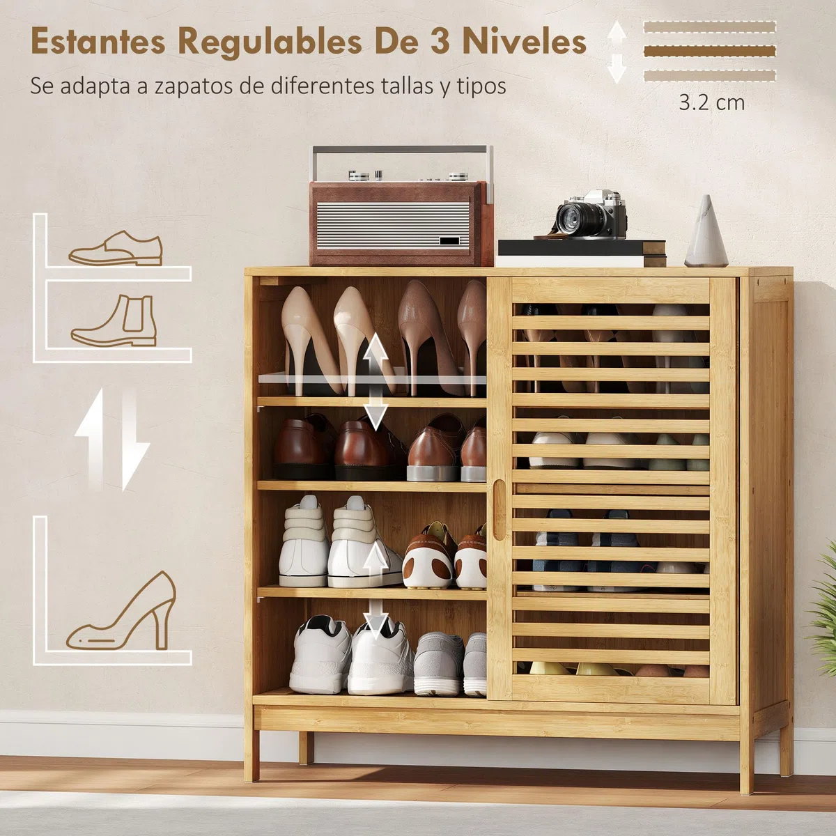 HOMCOM Zapatero de Bambú con 2 Puertas Correderas de Lamas, Zapatero Entrada Recibidor con Estantes Ajustables, para 16 Pares de Zapatos, 80x35x80 cm, Natural