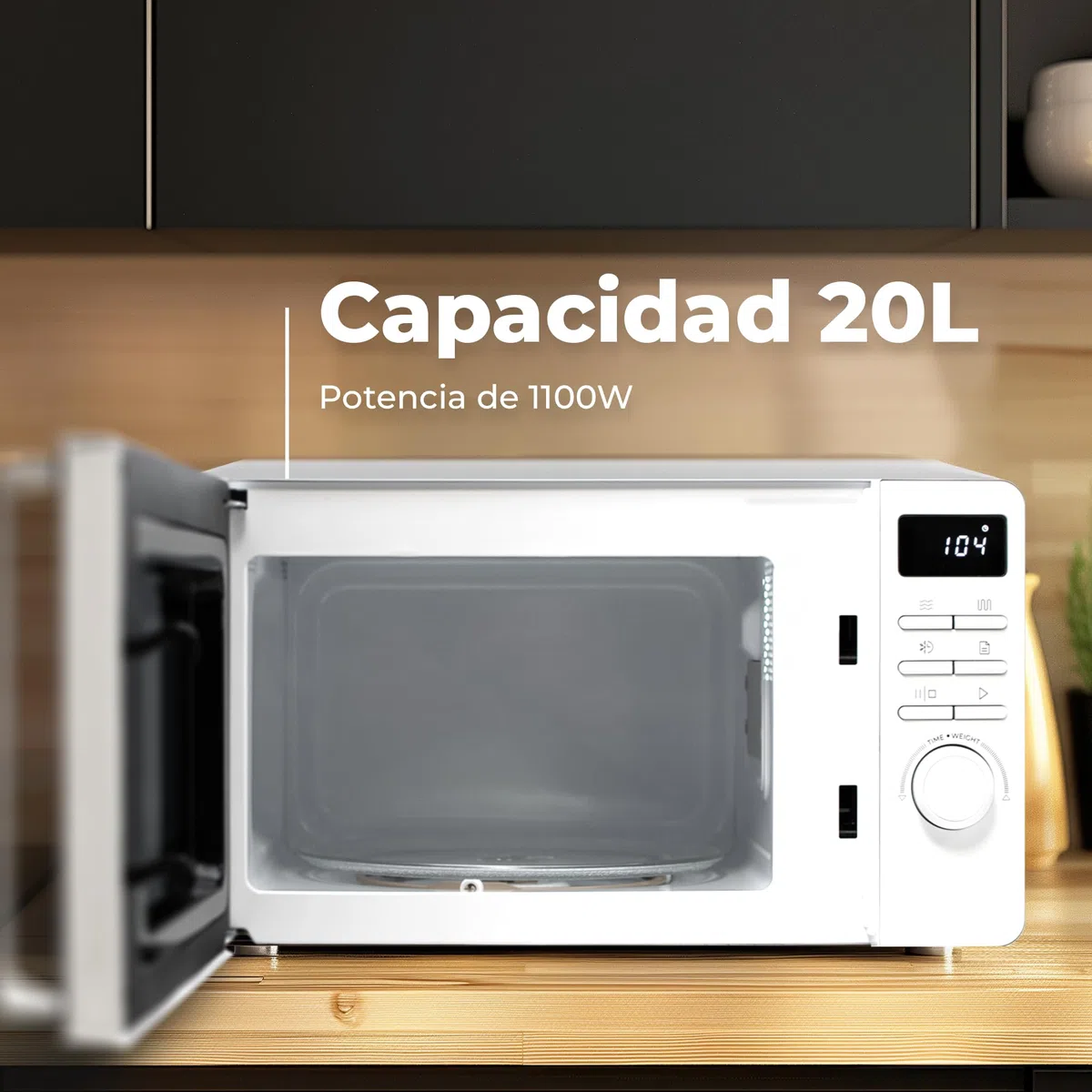 EVVO Microondas M20 White - Horno Microondas Libre Instalación con Función Grill, 800W, Capacidad 20l, Display Digital, Panel Control Táctil, Puerta Efecto Mirror, Bloqueo Infantil, Blanco