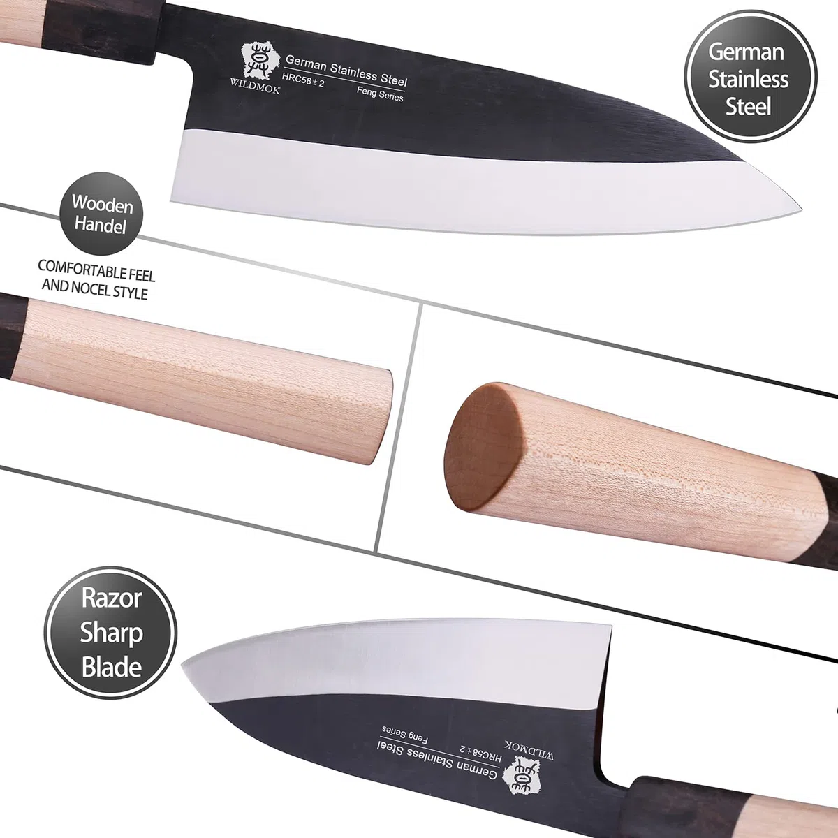 WILDMOK Cuchillo Deba de 7 pulgadas – Cuchillo asiático Usuba Sashimi de salmón con hoja de acero inoxidable alemán y mango de madera tradicional