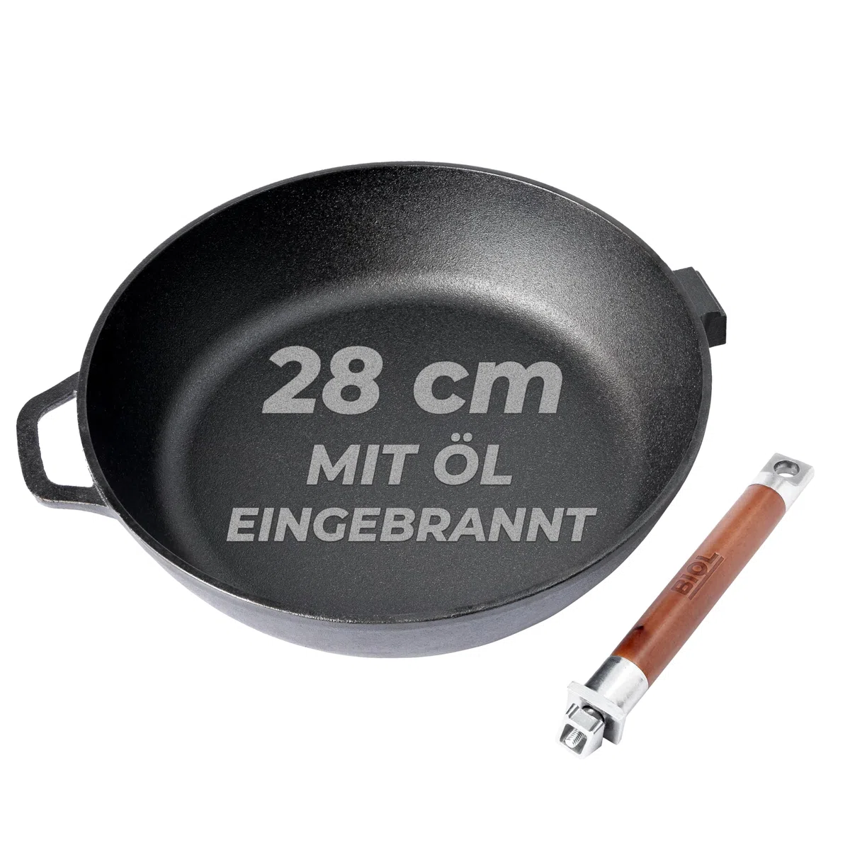 BIOL Sarten Hierro Fundido 28 cm - Sartén Antiadherente para Cocina Inducción, Mango de Madera Desmontable Ergonómico, sin Tapa, Apta para Gas, Vitrocerámica, Horno y Barbacoa, Cocina Saludable | Mango de madera desmontable, sin revestimiento, apto para h