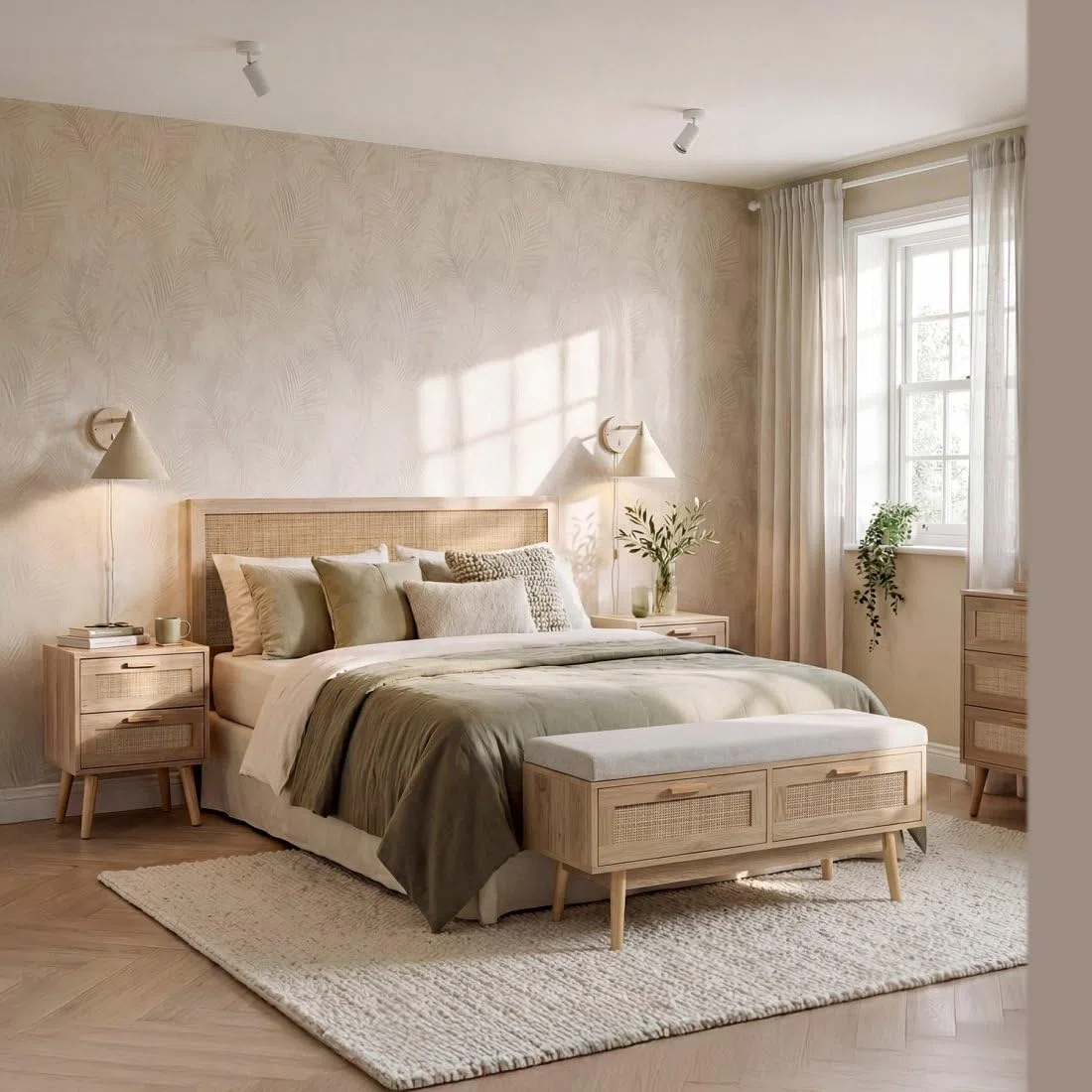 KLAST Banco en Madera y Ratán Natural con Cojín Tahiti, Incluye Dos Cajones y Aporta un Toque Natural y Confort a Cualquier Espacio.