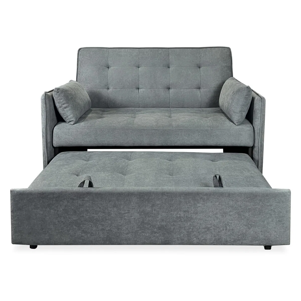 Duérmete Online - Sofá Cama de 2 Plazas Modelo Nely, Diseño Moderno, Práctico y Funcional, con Cojines Decorativos, Fácil Apertura, Gris