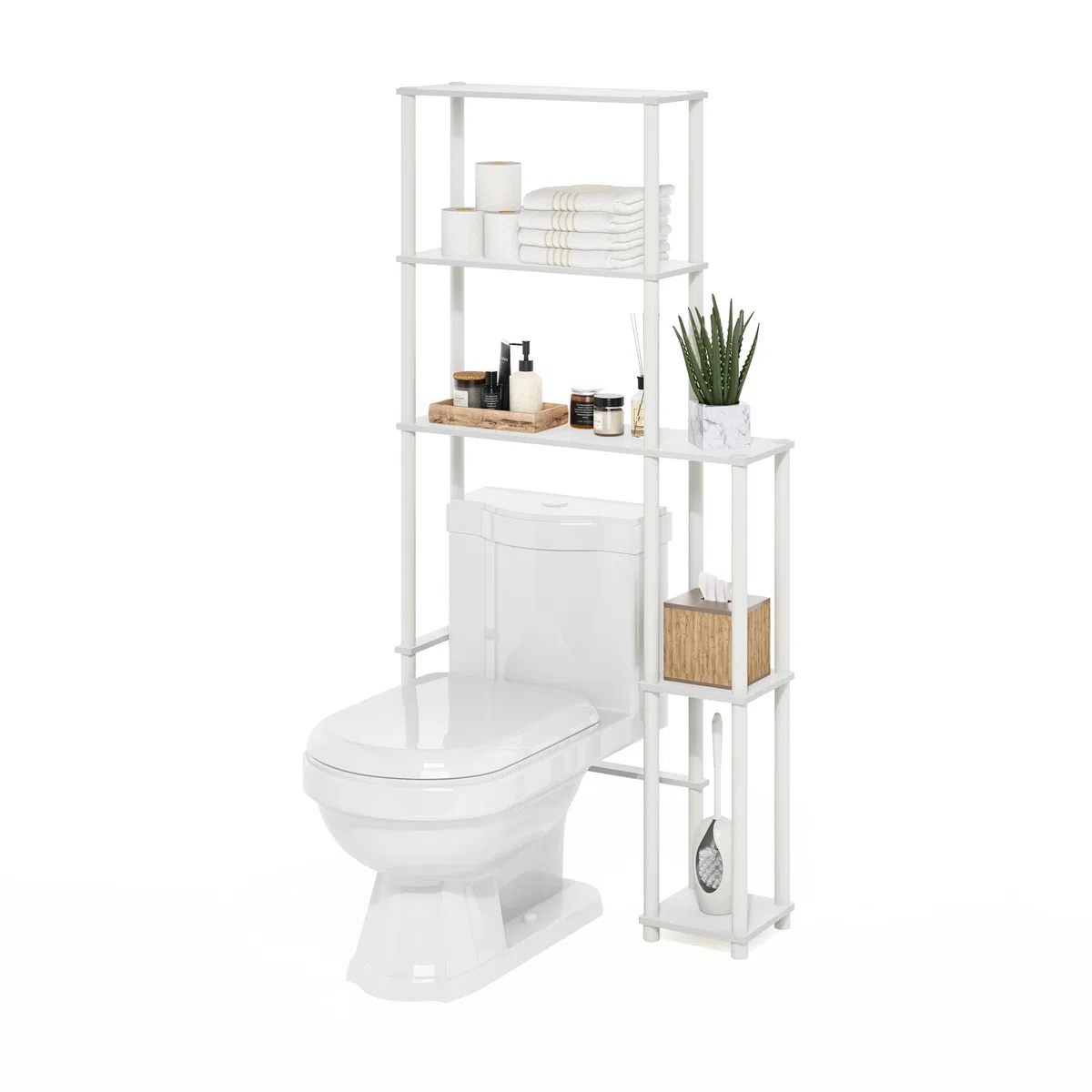 Furinno Turn-N-Tube Estantería De Baño Independiente para Ahorrar Espacio con 5 Estantes para Colocar sobre El Inodoro Color Blanco