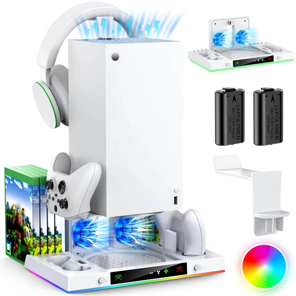 Ventilador de refrigeración mejorado y soporte de carga dual para consola Xbox Series X y controlador, sistema de estación de carga para serie X con 15 luces RGB, 2 baterías recargables de 1400 mAh,
