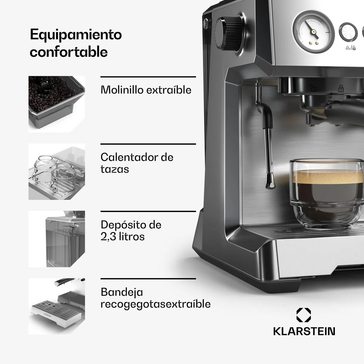 KLARSTEIN GrandPresso Cafetera Exprés 20 Bares - Molinillo Integrado, Boquilla de Vapor, 2,3L, Cafetera Barista, Espresso y Capuchino, Fácil de Usar y Limpiar