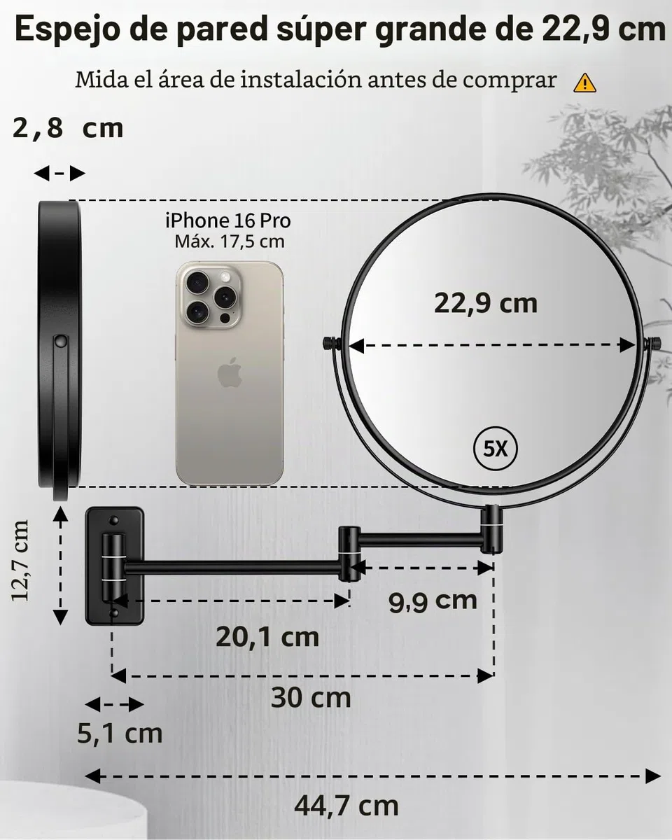 Gospire Espejo de Maquillaje de 9 Pulgadas, Aumento 1X/10X, Espejo Giratorio de Doble Cara, Espejo de Pared de baño Pulido Negro para Mujeres y Hombres