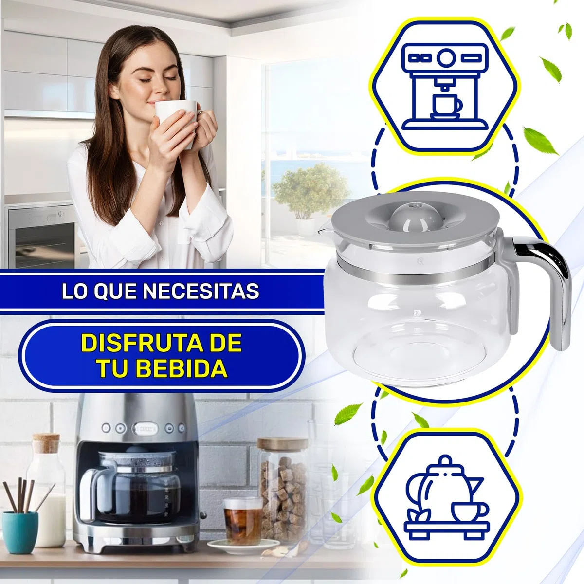 Jarra Cafetera Goteo con Tapa 200x150x130 mm con Código Original 697650076 DCGC01 para Smeg - Garantía de 10 Años - MONTERAL