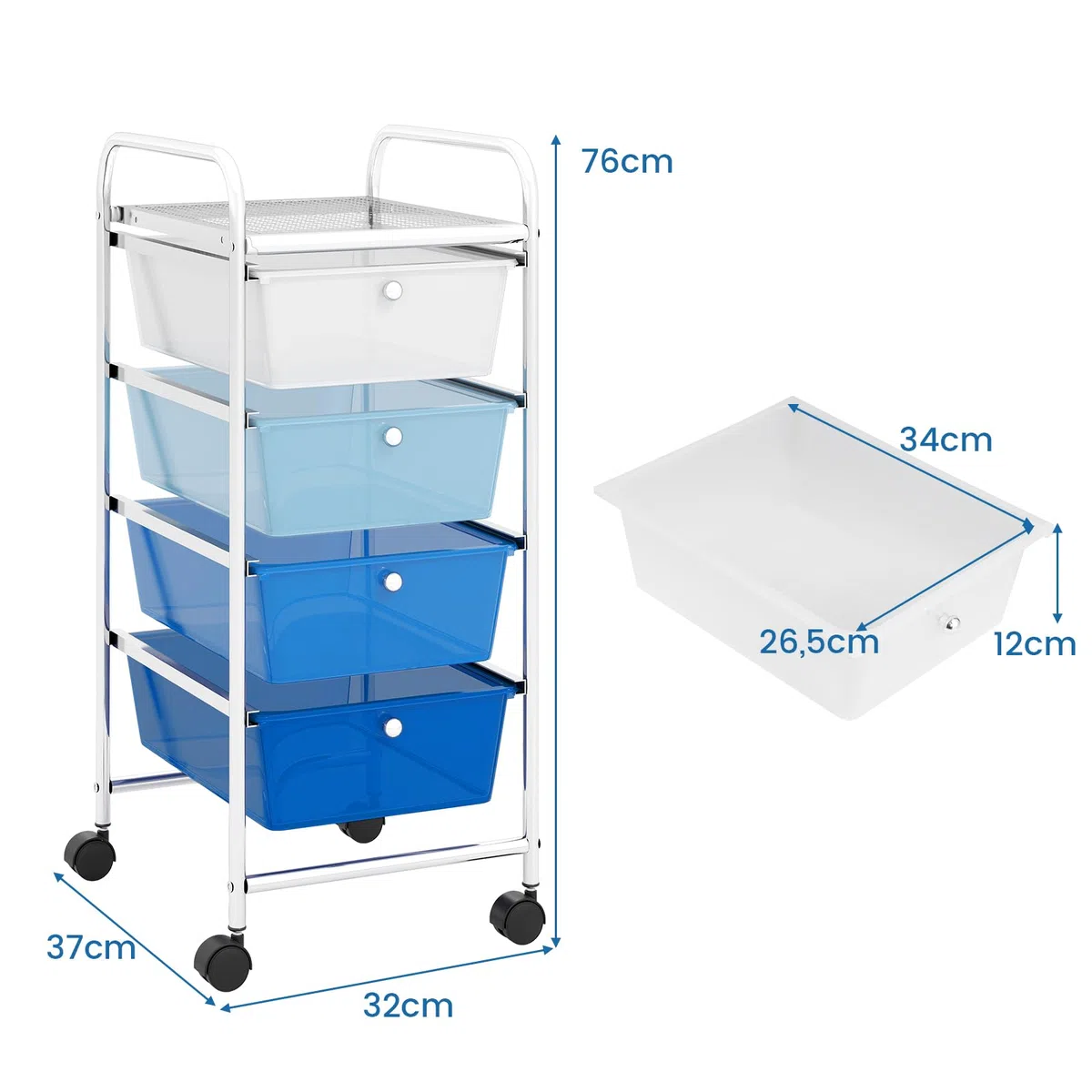 GOPLUS Carrito Auxiliar con 4 Cajones y Ruedas Giratorias Universales, Carro de Almacenaje con Estructura de Acero, Carrito de Utilidad para Oficina Casa, 37 x 32 x 76 cm (Azul)