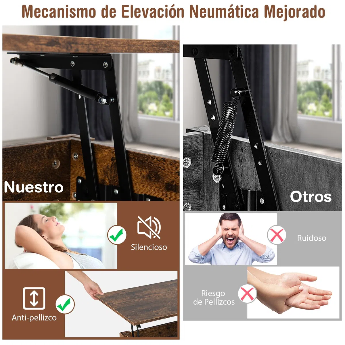 COSTWAY Mesa de Centro con Tablero Elevable, Mesa de Café Industrial con Compartimento, Estante de Almacenamiento y 2 Cajones, Mesita Mueble Salon con Sistema Neumático de Elevación del Tablero