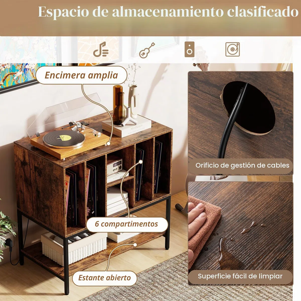 KOMFOTTEU Soporte para Tocadiscos con Estación de Carga, Mueble de Discos de Vinilo con 6 Compartimentos y Estante Abierto, Mesa de Exhibición con Orificio para Cables, 80 x 45 x 79,5 cm (Marrón)