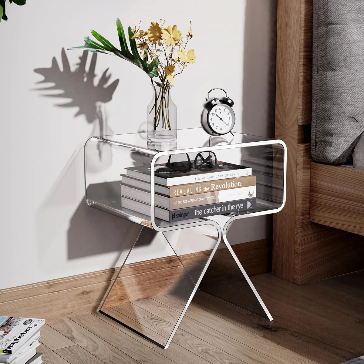 Mesa Auxiliar de Acrílico, Mesita de Noche, pequeña Transparente para Sala de Estar, Dormitorio (Claro)