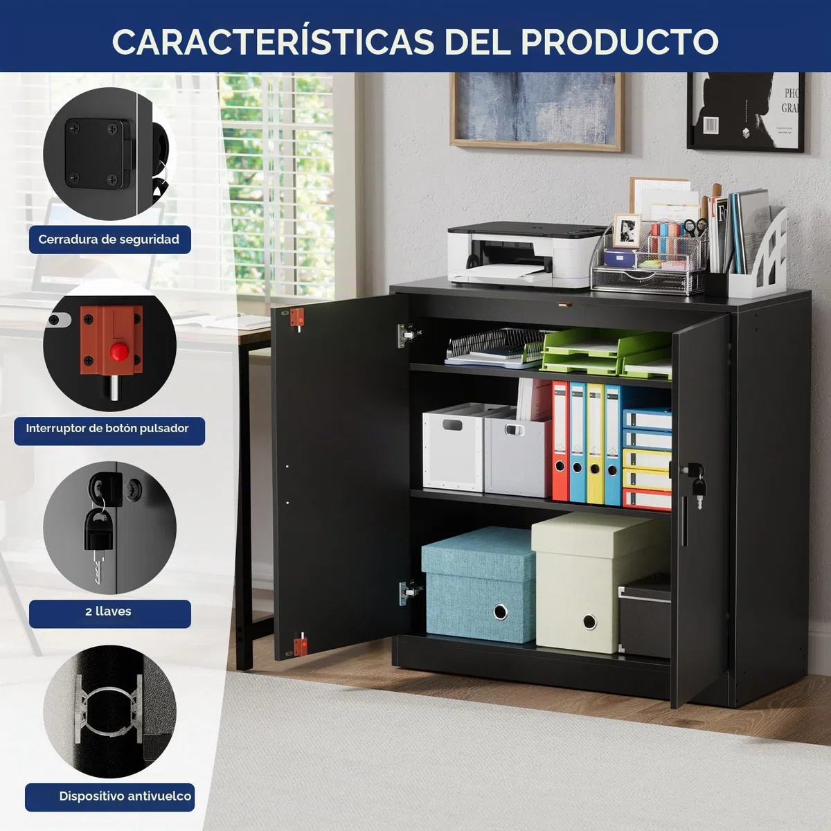 buybyroom Armario Oficina con Llave, Armario Multiusos Almacenaje para Cocina Archivador Oficina Dormitorio Garaje Herramientas y Salon, Baldas Ajustable, 2 Puertas, 87 cm Fondo, Negro