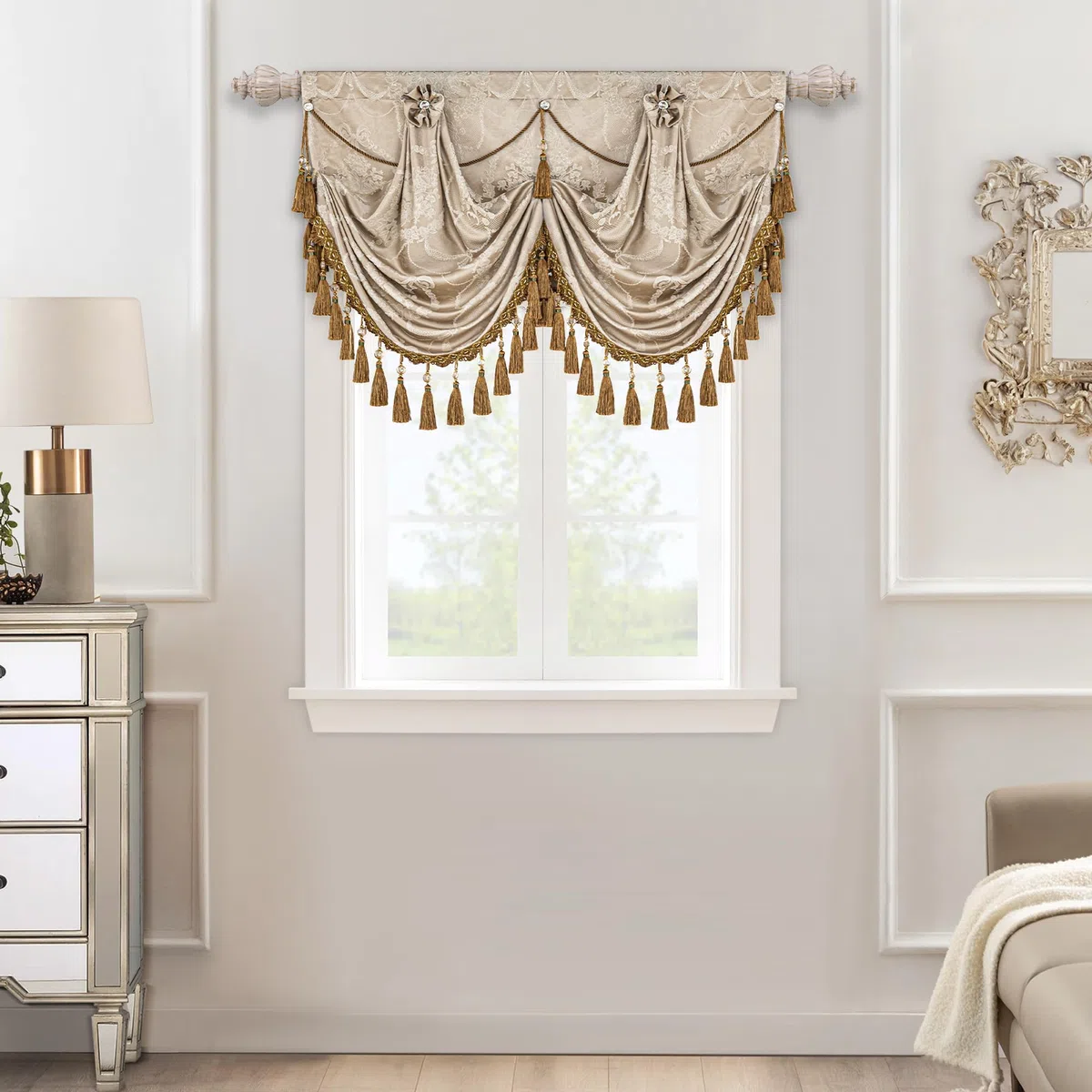 Cenefa para Ventanas, Cenefa de Cascada Damasco con Borlas, Cortina Corta para Dormitorio, Salón, Cocina 1 Pieza (Ancho 100cm, Arena)