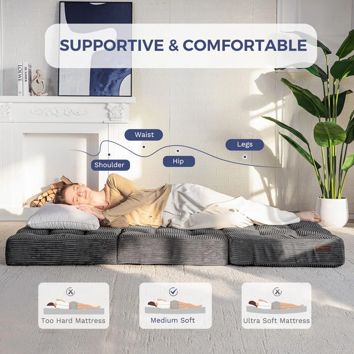 MAXYOYO Colchón Plegable de 2 Plazas, 15 cm de Grosor para Futón Convertible, Sofá Cama Portátil, Colchón para Invitados, Cama Adicional, 135x195
