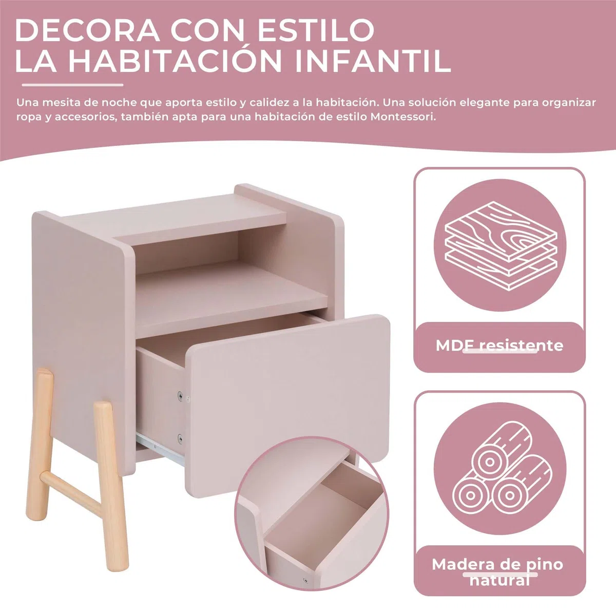 Rebecca Mobili Mesita de Noche para Habitación Infantil, Mesita de Noche Montessori, Rosa Marrón, MDF Pino, con Bordes Redondeados - Dimensiones AxAnxFon: 49 x 43 x 30 cm - Art. RE7129