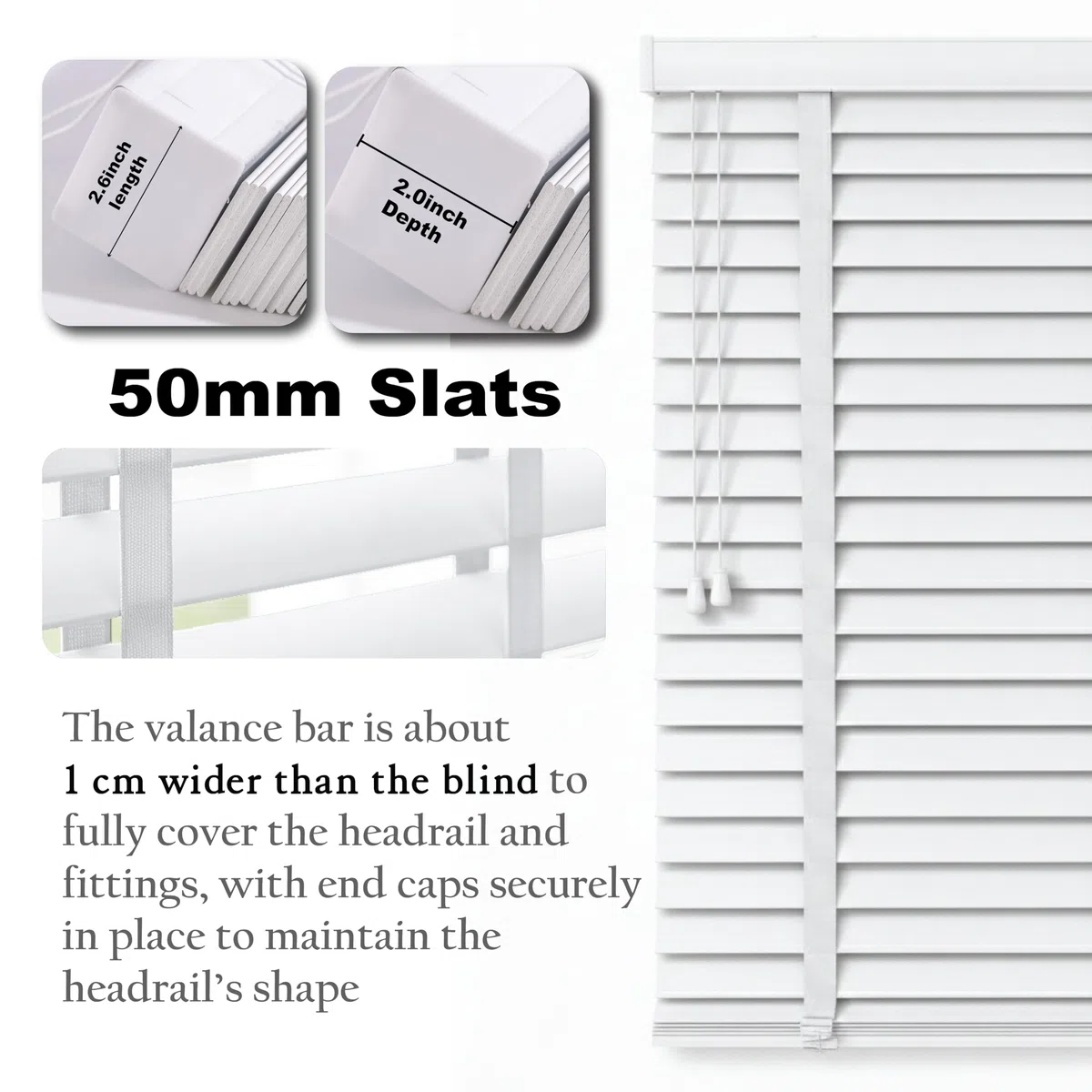 Home In Style 4U Persianas venecianas de madera sintética para ventana, persianas venecianas de fácil ajuste, seguras para niños, cortables, listones de 50 mm con riel de aluminio (blanco con cinta