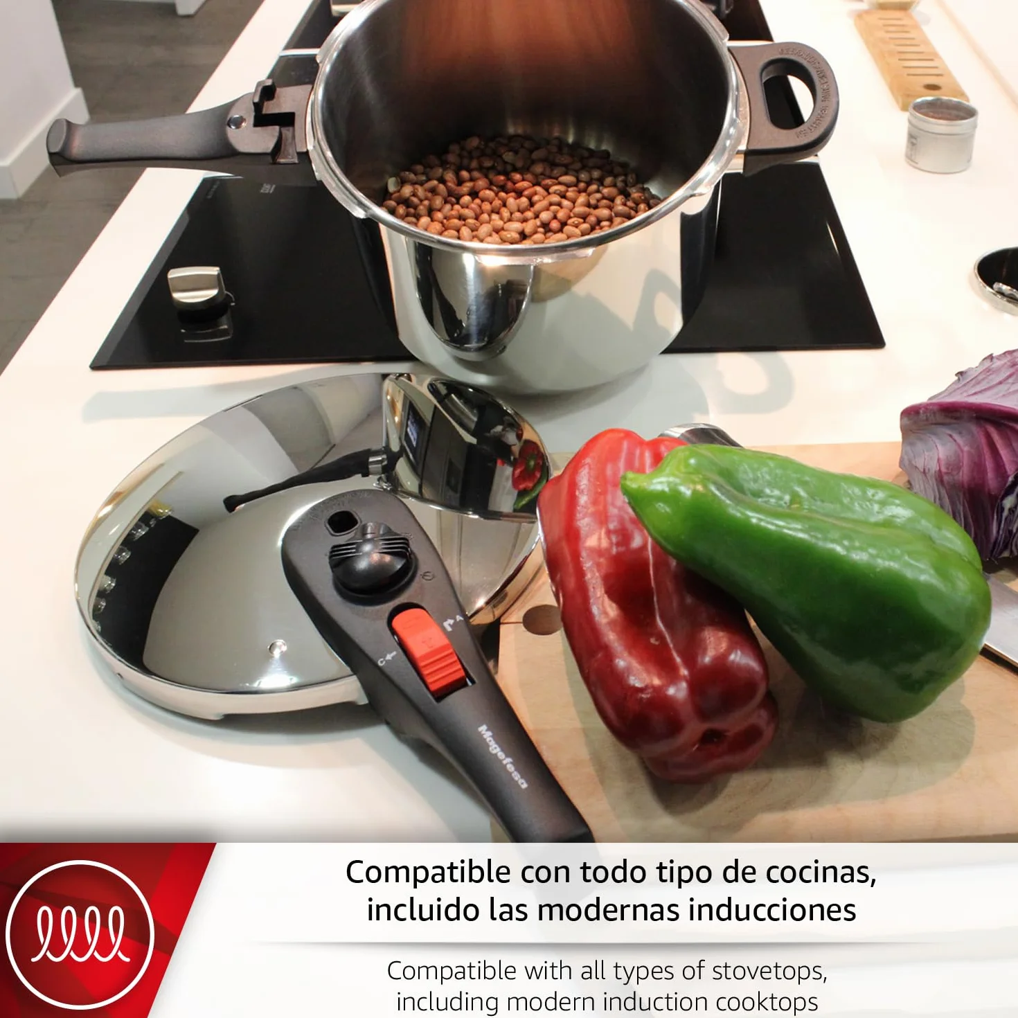 Magefesa Practika Plus - Olla Express Rápida 7.5L, Acero Inoxidable 18/10, Sensor de Presión, Inducción, Ahorro Energético, Cocina Sana, Cierre Fácil