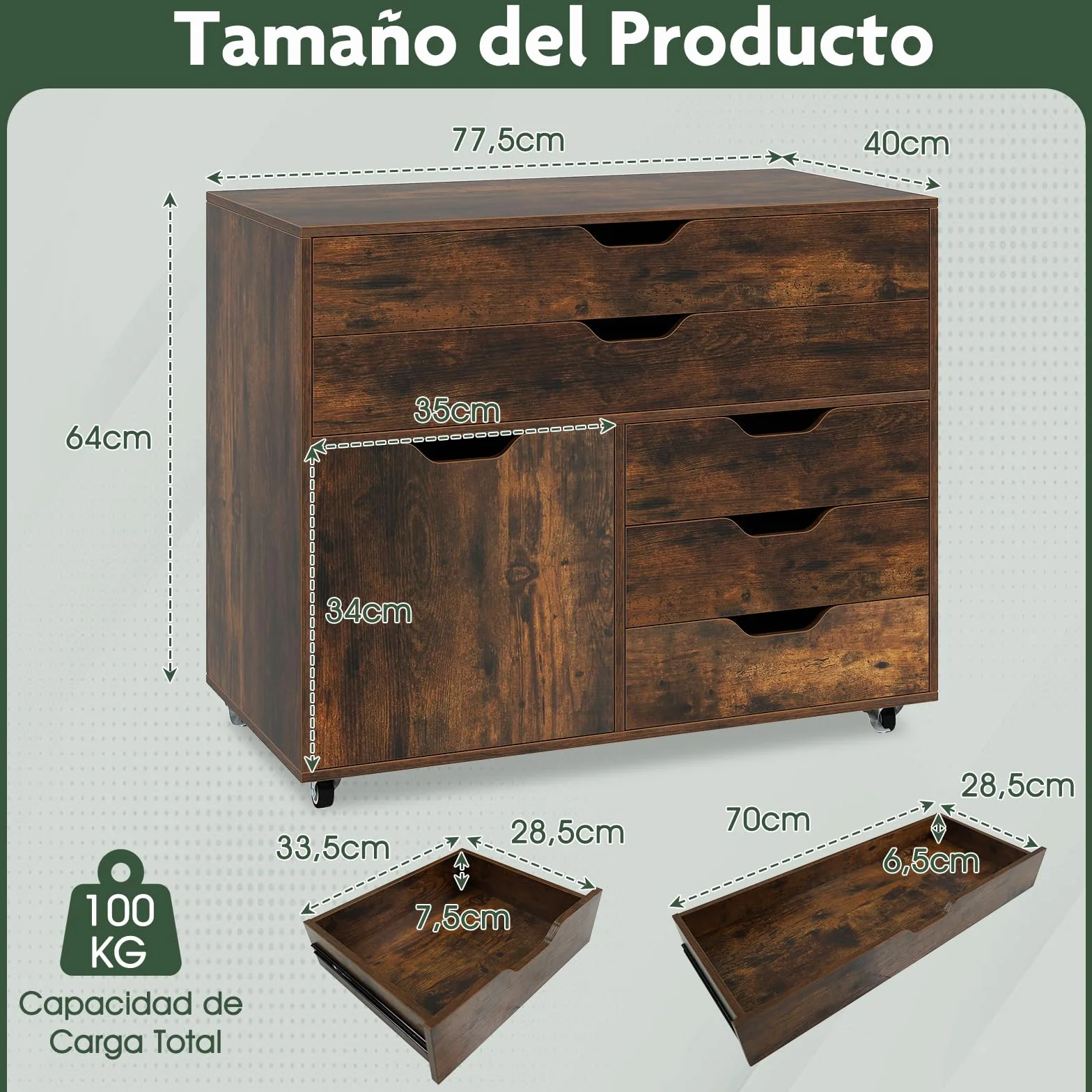 GIANTEX Armario Archivador con Ruedas, Cajonera con 5 Cajones y 1 Puerta, 77,5 x 40 x 64 cm, Armario de Almacenamiento para Oficina, Dormitorio, Salón (Marrón)