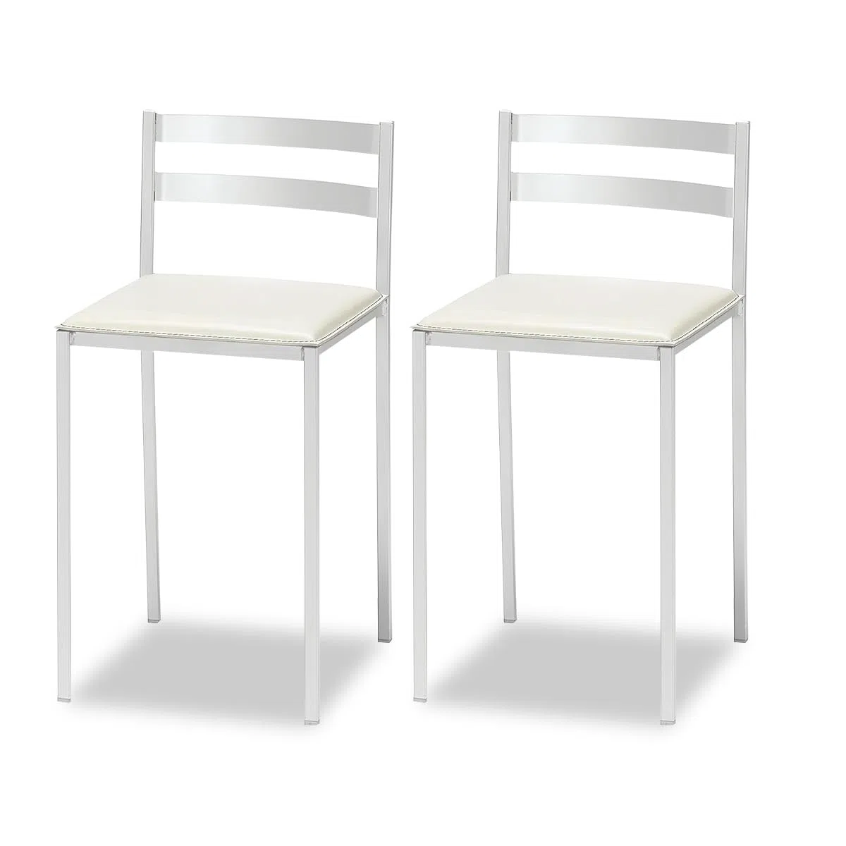 2 Taburetes de Cocina con Respaldo bajo, Franjas horizontales y Asiento tapizado - Estructura Color Blanco - Asiento en Polipiel Blanco