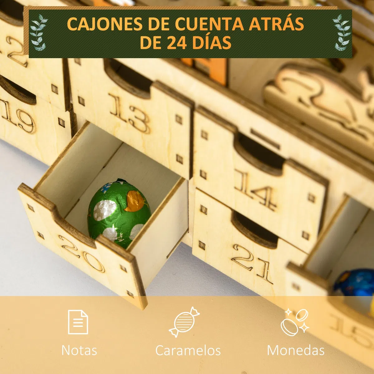 HOMCOM Calendario de Adviento para Llenar con Iluminación LED y 24 Cajones Cuenta Regresiva Calendario de Adviento de Madera de Navidad Decoración en Mesa 36x9x52 cm Natural