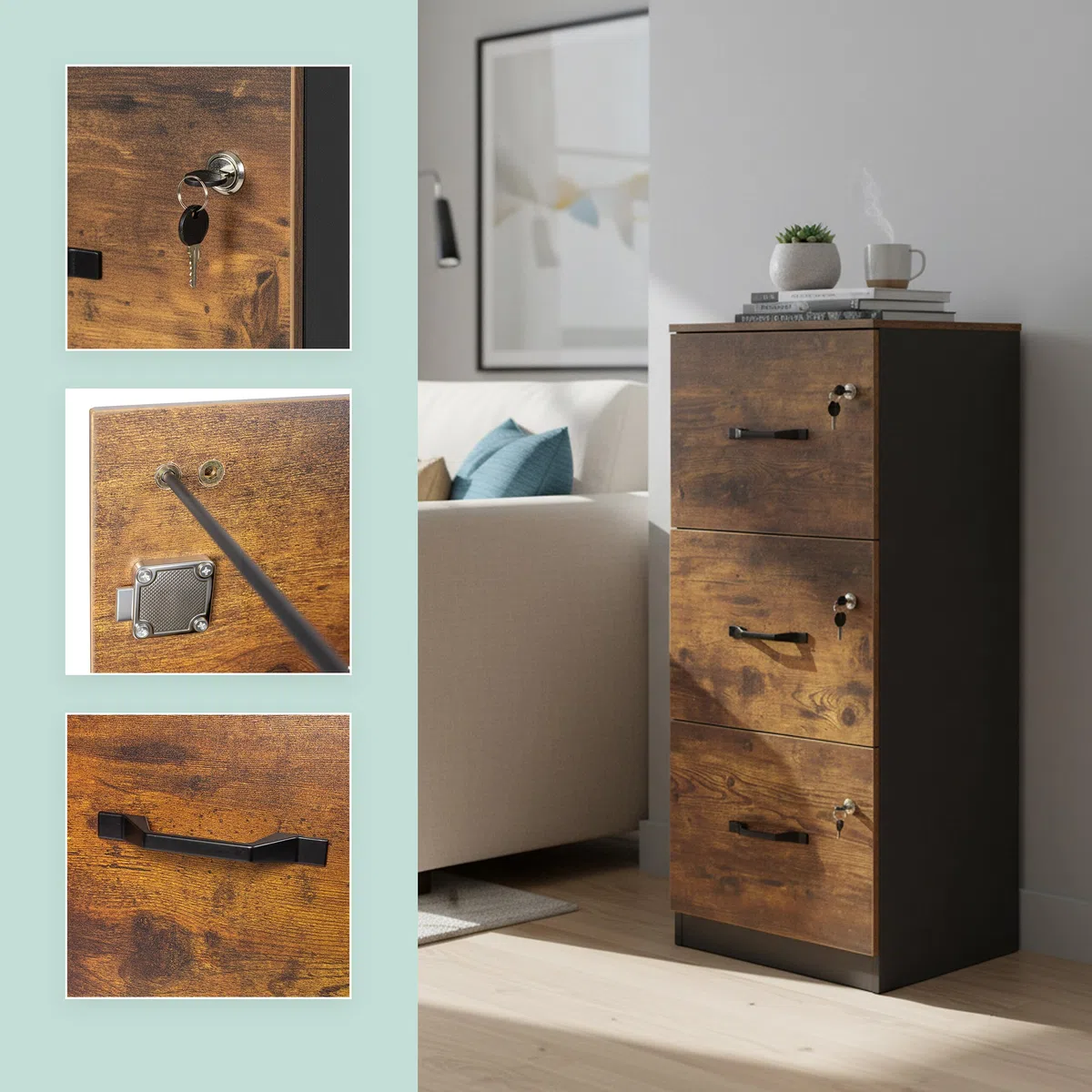 Relaxdays Archivador de 3 Cajones con Llave, HBT 103x40x40cm, Negro/Marrón