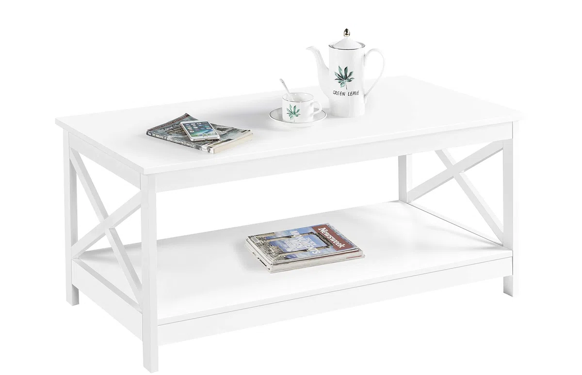 Yaheetech Mesa de Centro Moderna con Estructura en X Mesa de Café con Doble Nivel de Almacenamiento 100x50x45cm Ideal para Libros Revistas Blanco
