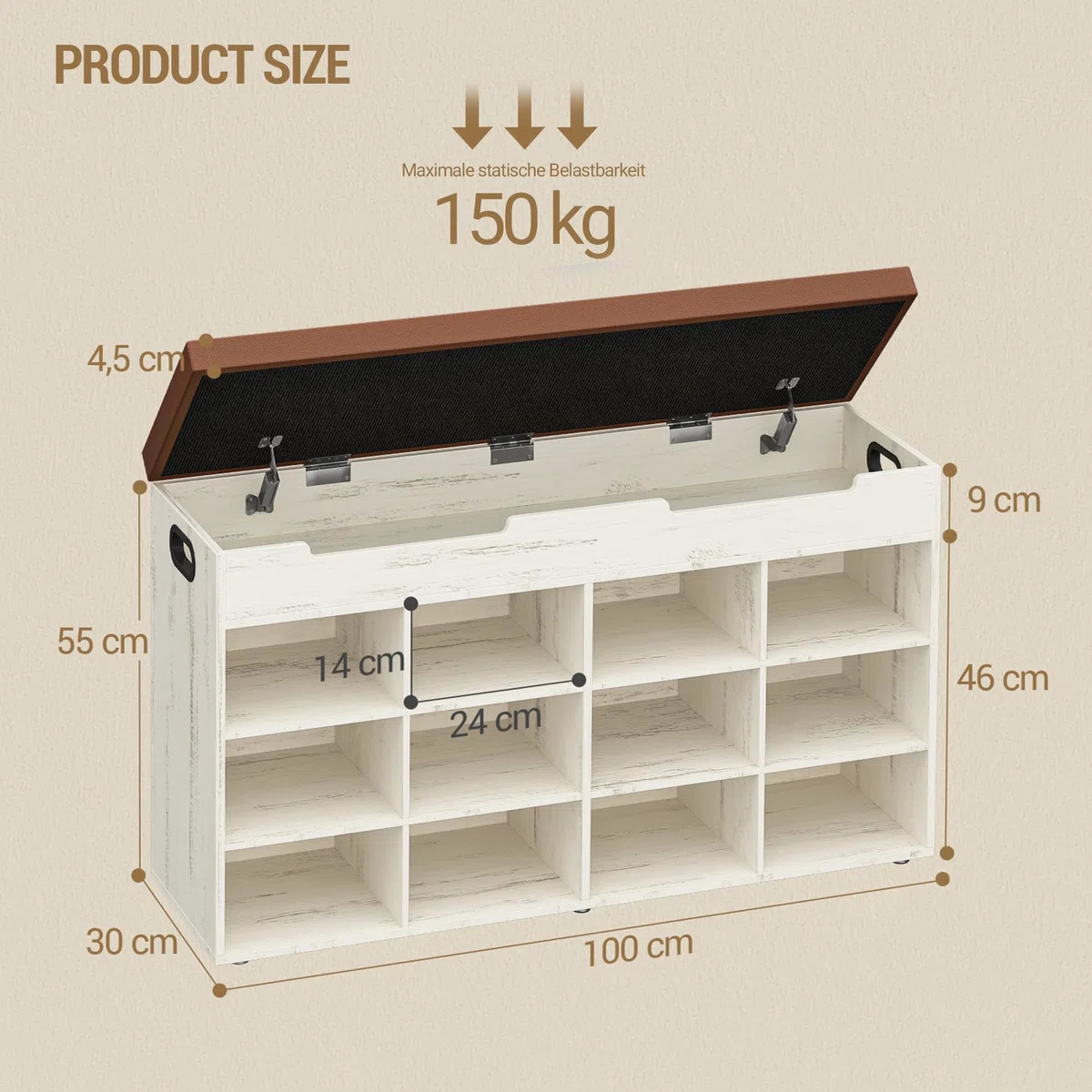 Hzuaneri Banco Zapatero, Zapatero con Asiento, Banco con Espacio de Almacenamiento, 12 Compartimentos, Estantes Extraíbles, Edecuado para Salón, Pasillo, Entrada 30 x 100 x 55,4 cm Marrón y Blanco