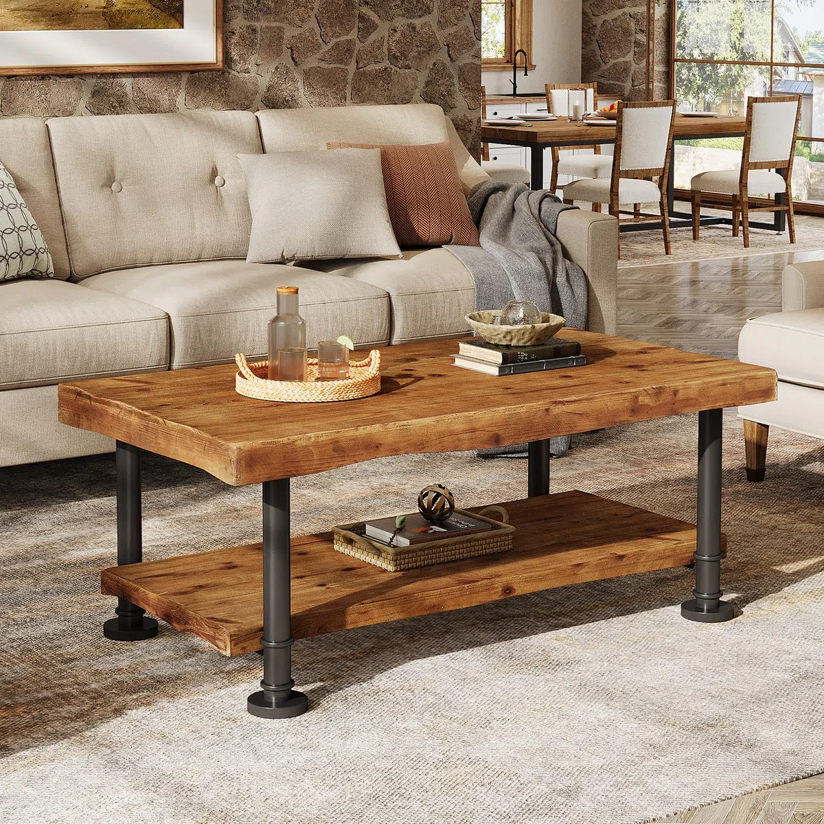 Tribesigns Meseta de Centro Estilo Granja, Mesa de café de Madera con Almacenamiento, Estante de 2 Niveles con Borde Vivo, Patas de Metal, Mesa Central Rectangular de 47" para Sala de Estar, salón