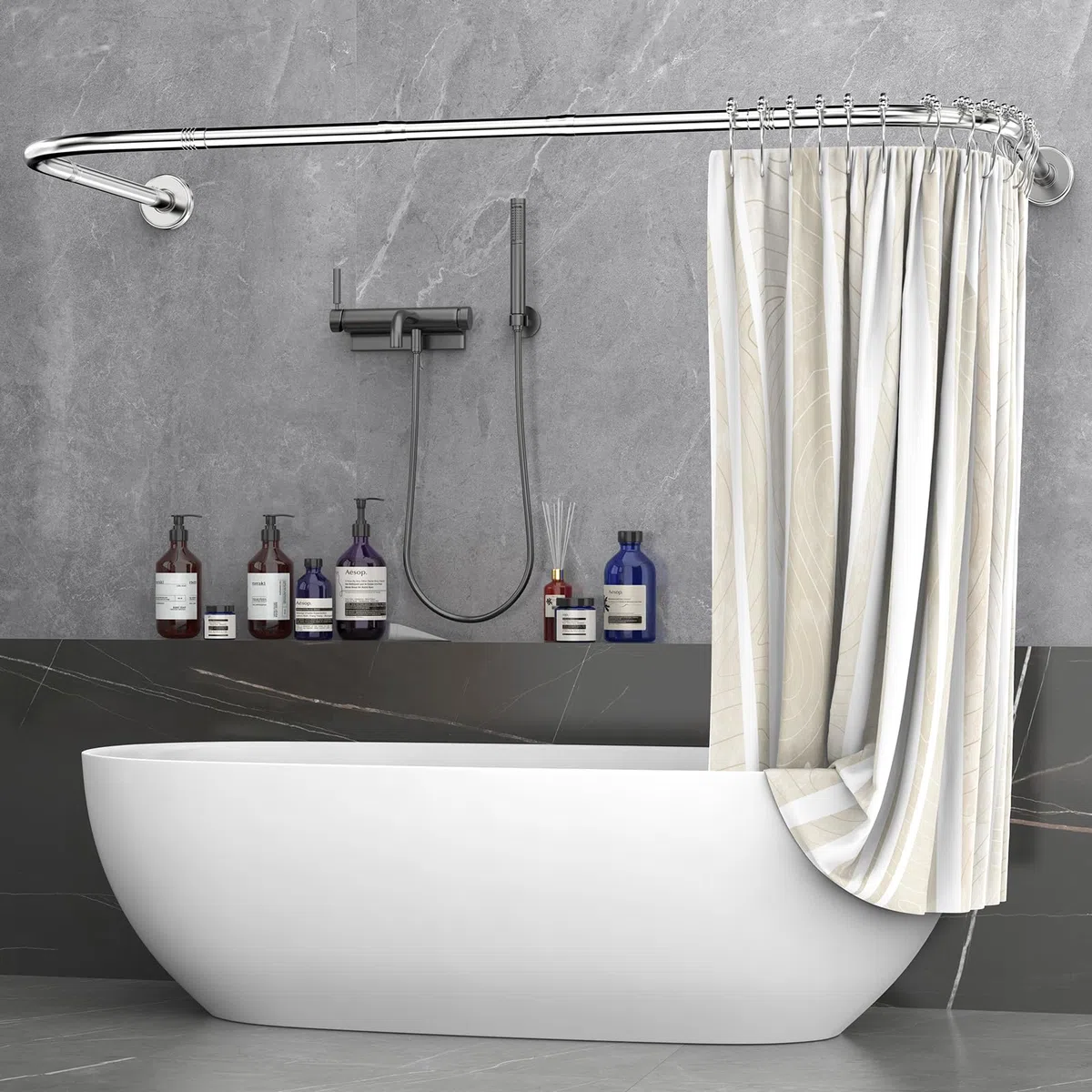 Barra de Cortina de Ducha en Forma de L o U, Acero Inoxidable 304 Resistente hasta 25kg, Riel de Esquina Ajustable para Bañera y Vestidor, Incluye 24 Ganchos, Plata