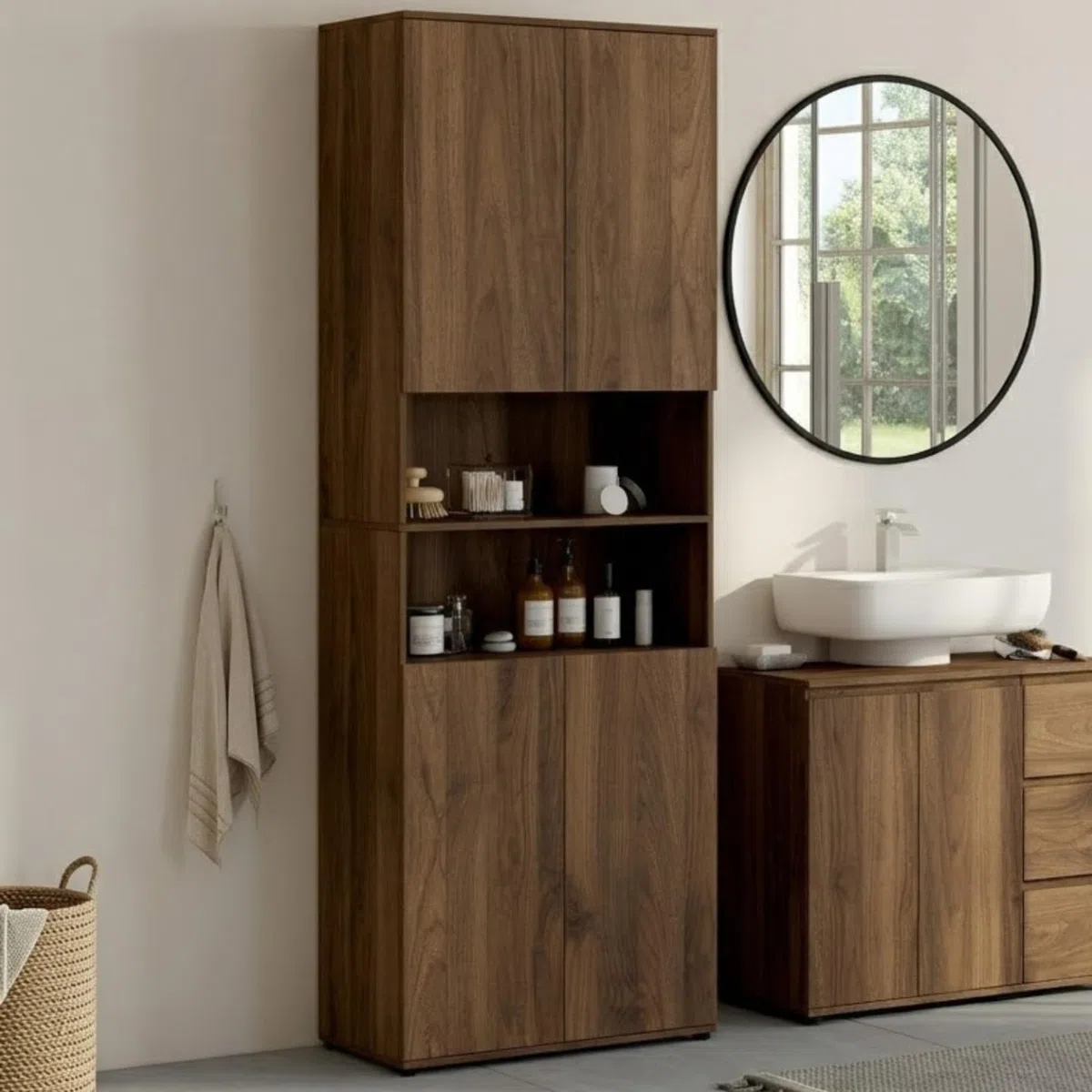 IDMarket TOMI - Mueble de armario columna, cuarto de baño, 4 puertas, 2 nichos efecto nogal