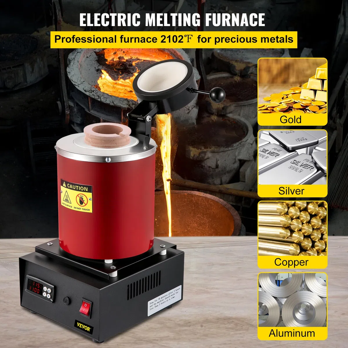 VEVOR Horno de Fusión de Oro, Temperatura Máxima de 1150 ℃, Horno de Fusión Eléctrico Digital con Crisol Cerámico de 3 kg, Matriz de Lingote y Guantes, para Procesar Oro/Plata/Cobre/Aluminio, Rojo