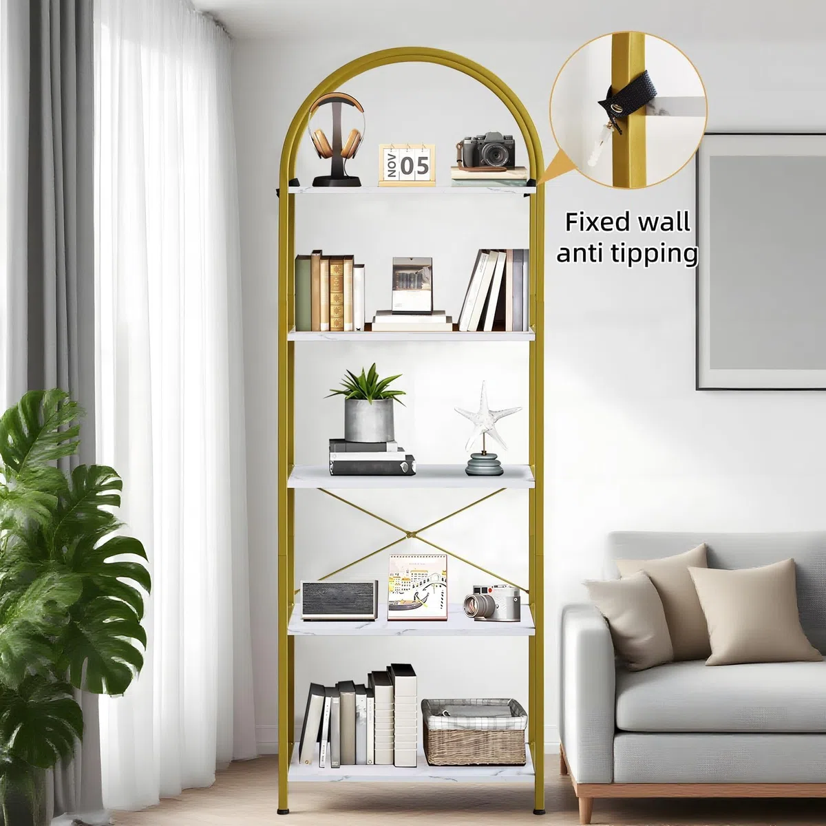 Zstar Estantería Arqueada De 5 Niveles, Estantería Alta con Estructura De Metal, Moderna Estantería Abierta para Dormitorio, Sala De Estar y Oficina En Casa.