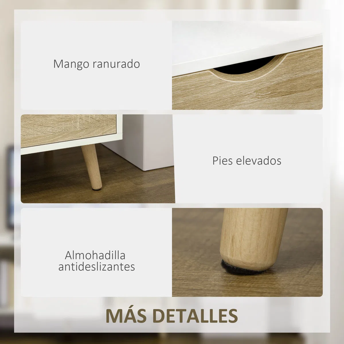 HOMCOM Mueble de TV, Mesa de TV con Cajón, 2 Puertas y Estante Abierto, Patas de Madera, para Televisores hasta 50 Pulgadas, Largo de 110 cm, para Salón, Dormitorio, Blanco y Madera Natural