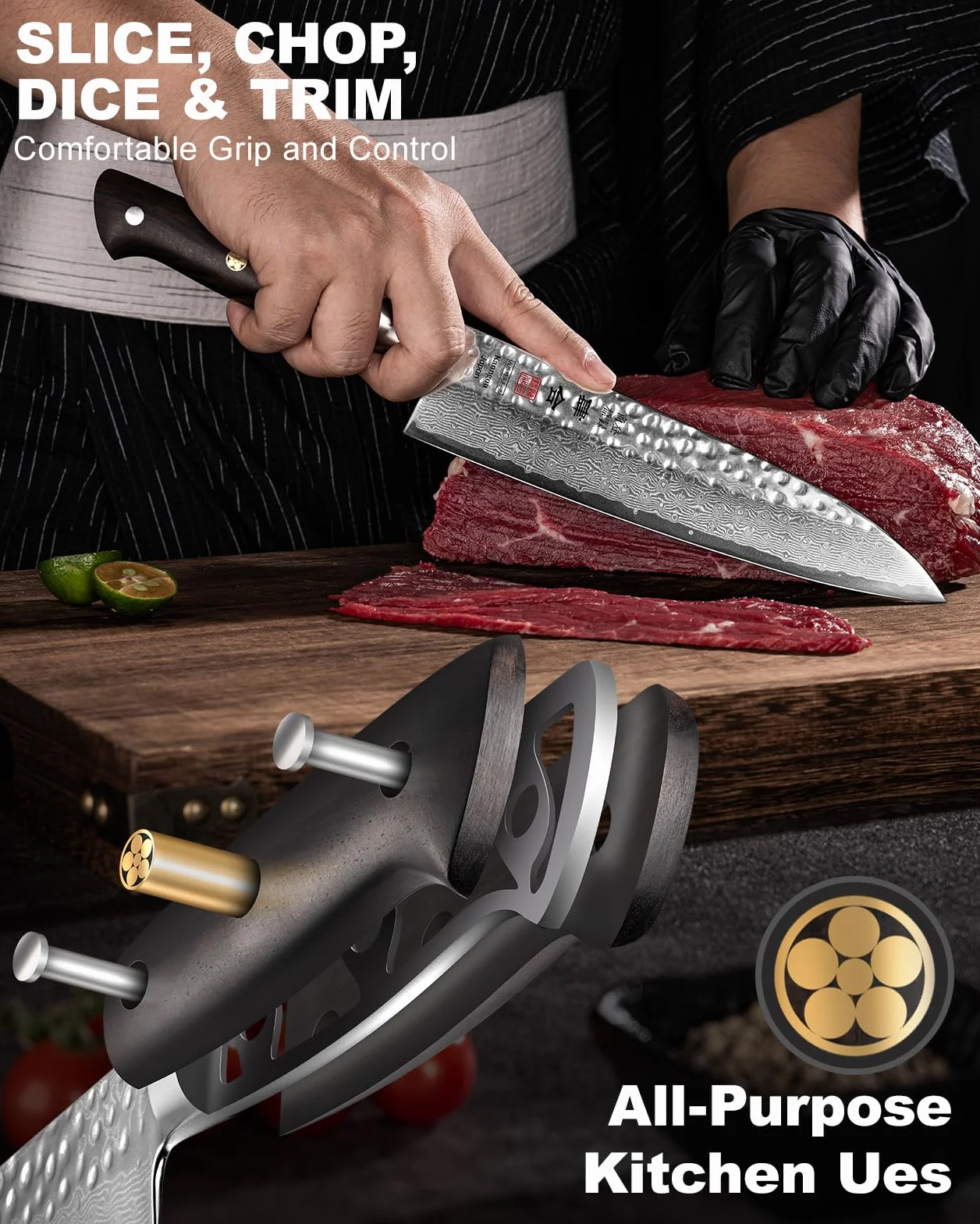 Kanngou - Cuchillo japonés de Damasco (21 cm, cuchillo Gyuto de acero Damasco 67 capas, mango de madera de ébano espiga completa, cuchillo de cocina profesional con estuche de regalo premium)